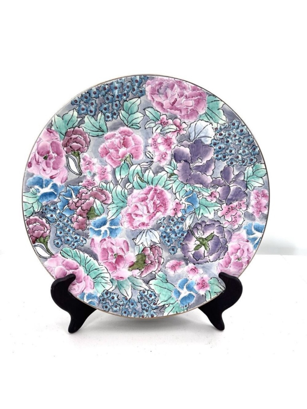 Vintage Asian Hand-Painted Floral Textured Decorative Plate 12" & Wooden Stand